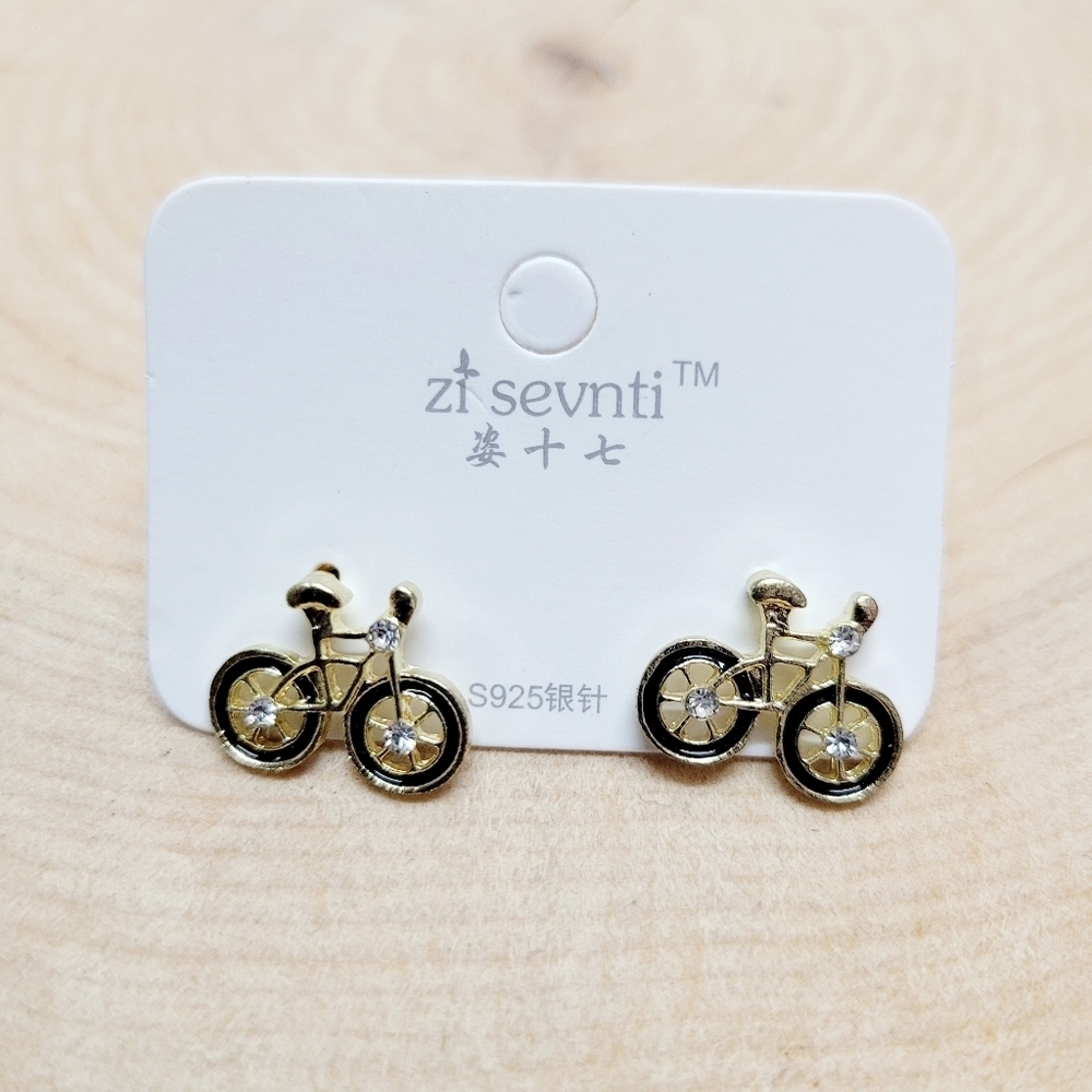 Brand New Gold Tone Black Bike Earrings